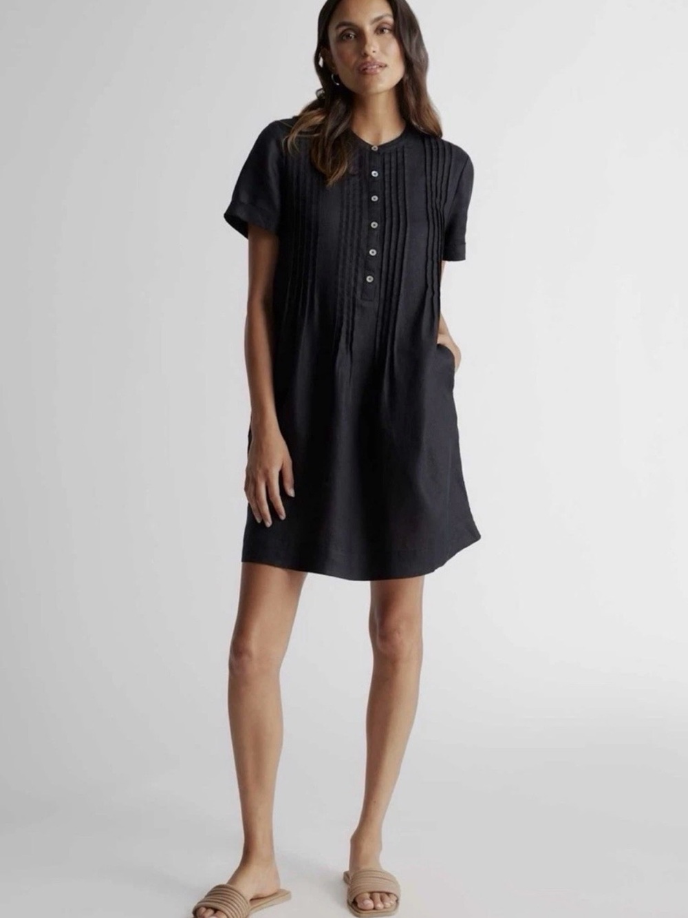 QUINCE 100% European Linen Short Sleeve Swing Dress Shift Pockets Small S